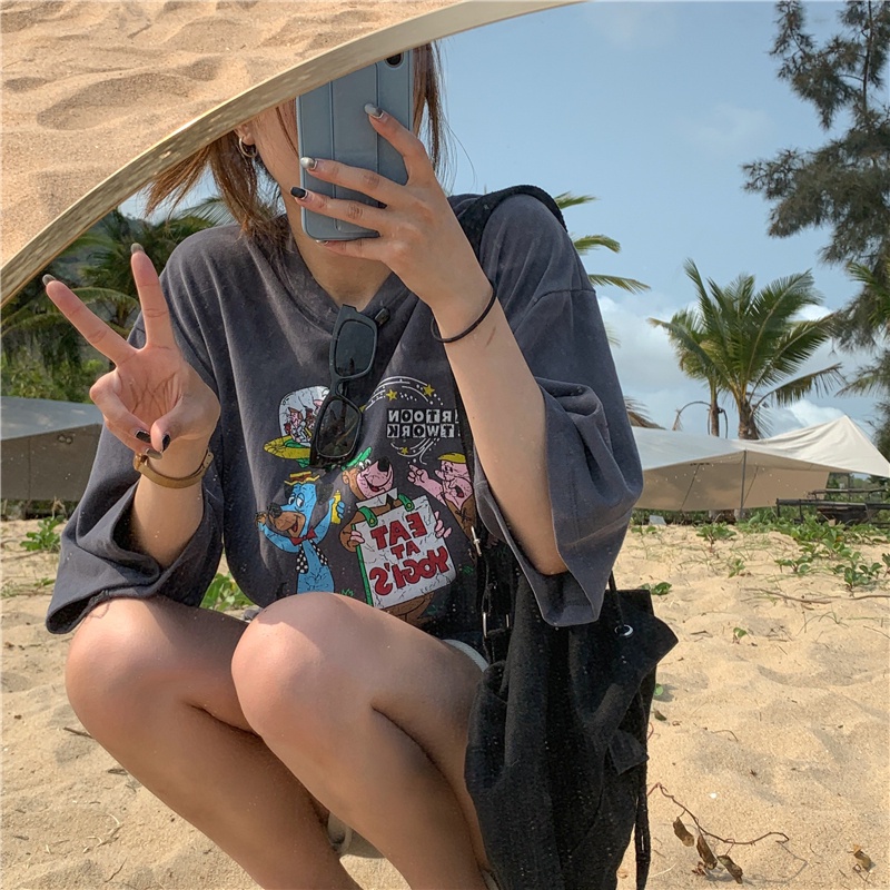 Áo thun tay ngắn dáng rộng in họa tiết hoạt hình thời trang mùa hè cho nữ