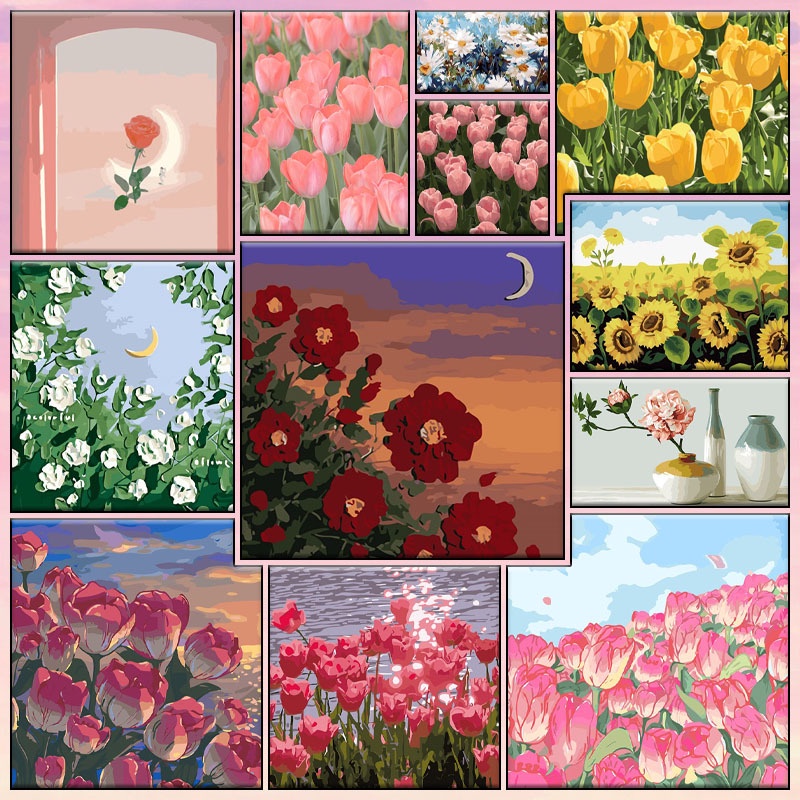 Hàng Mới❤[30 * 30/40 * 40cm] Tranh tô màu theo số / Hoa tulip-Hoa tươi nhỏ chữa bệnh /Gia đình hoạt hình / Tự làm quà tặng độc đáo / Buzz Lightyear / Strawberry Bear/  không có khung -Tranh tô màu theo số hoa