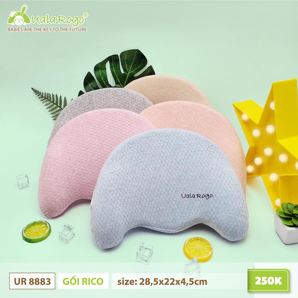 Gối Uala Rogo cao su non, Memory foam cao cấp mềm mịn dịu êm chống bẹp đầu cho bé trai bé gái tob teddy rico