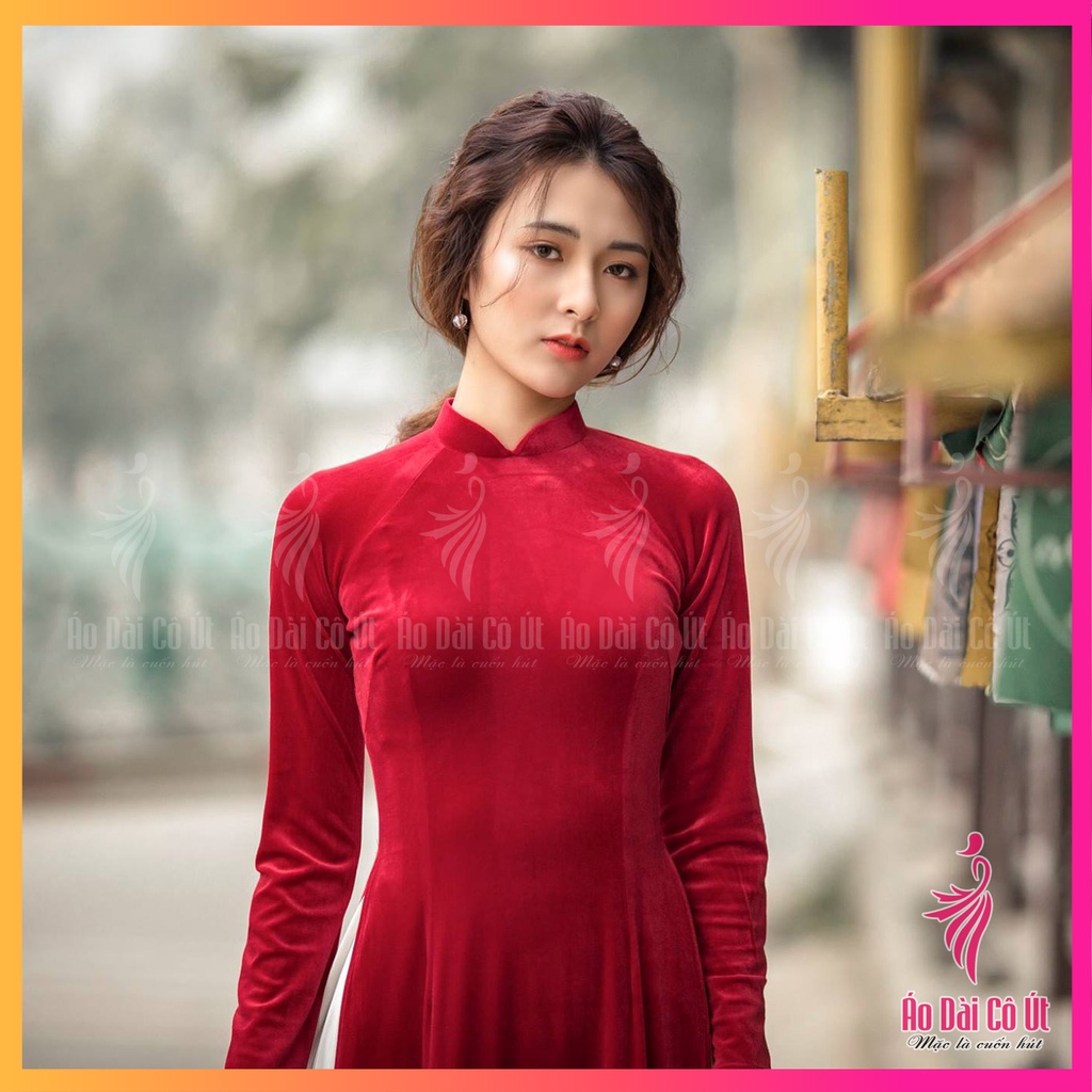 Áo dài nhung màu đỏ đô trơn truyền thống tay dài