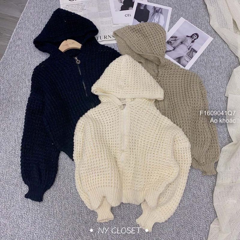 Áo khoác len dây kéo lai lượn sóng có nón hàng Quảng Châu 1609