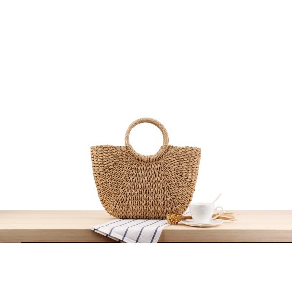 [NowShip - Giao Ngay] Túi Cói Boho Vintage Đeo Vai, Đeo Chéo Hình Tròn Dây Da Màu Nâu Be Trơn