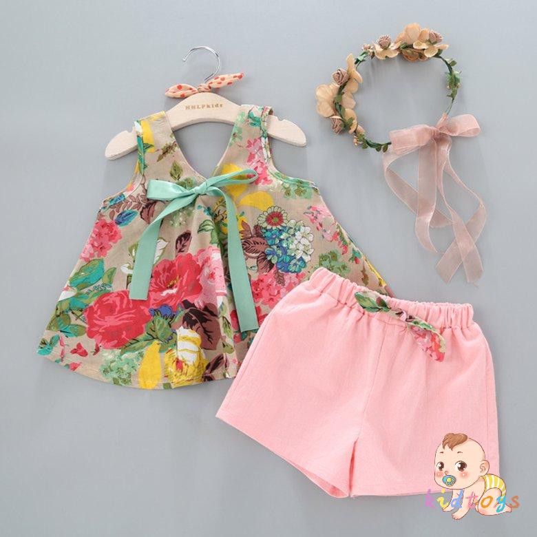 Đầm Sát Nách In Hoa + Quần Short Cho Bé Gái