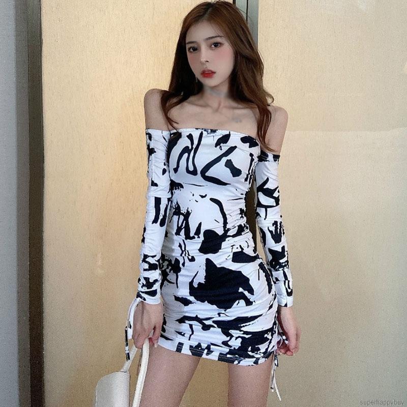 Đầm body nữ tay dài không dây trễ vai họa tiết tie-dye thời trang