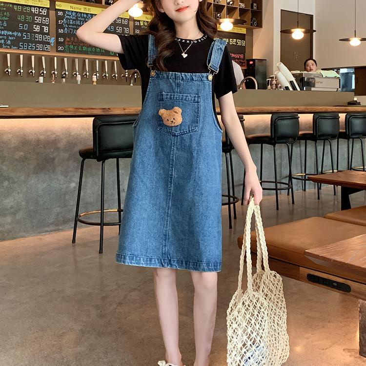 Set Áo Thun Ngắn Tay + Đầm Yếm Jeans Thời Trang Cho Bé Gái