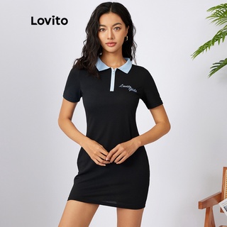 25deLovito Slogan giản dị Thêu tương phản Đầm Polo cổ bẻ L21AS022 (Đen)