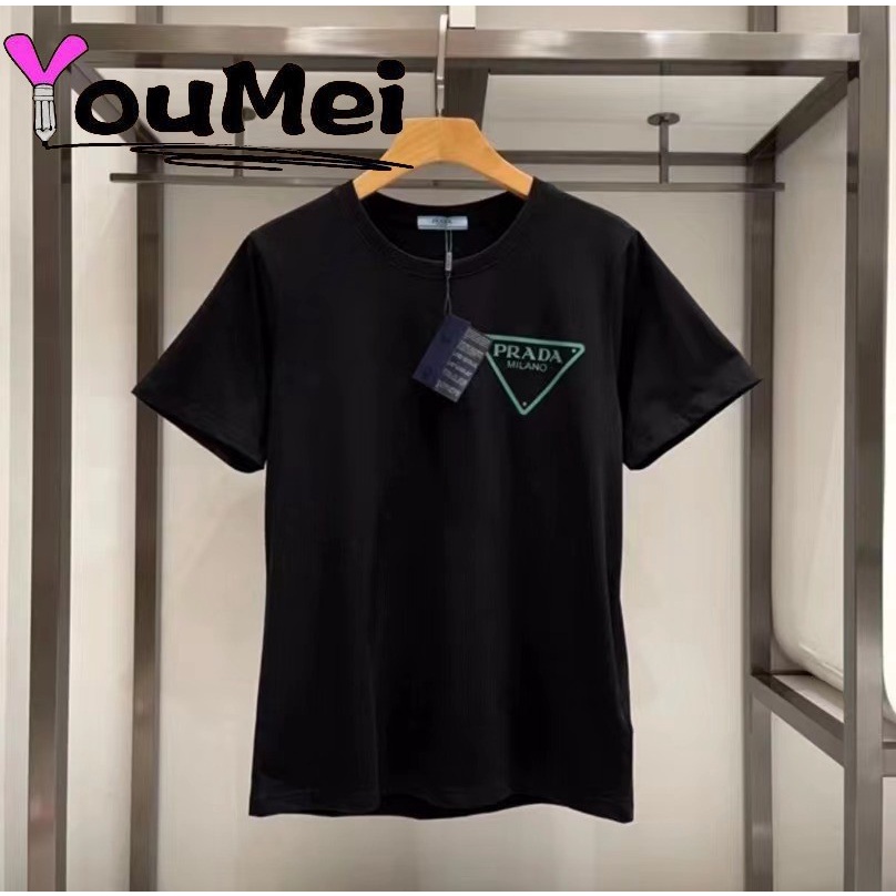 Áo Thun Ngắn Tay In Logo Prada Tam Giác Thời Trang Cho Cặp Đôi