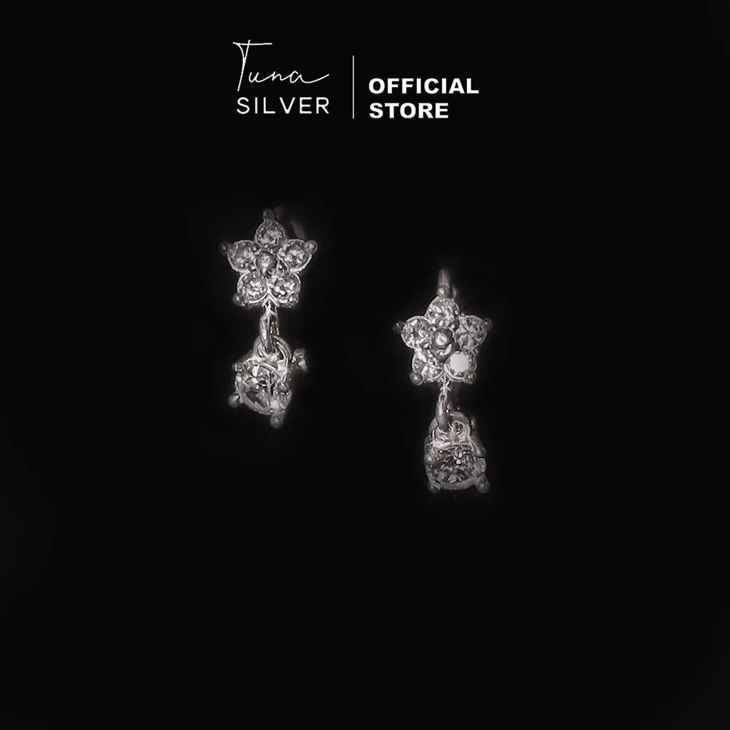 Khuyên tai bạc tròn gắn đá hình hoa, Hoa tai Bạc bạc tròn đính đá, Bông tai bạc nữ đá xinh TUNA SILVER CAM KẾT CHUẨN BẠC