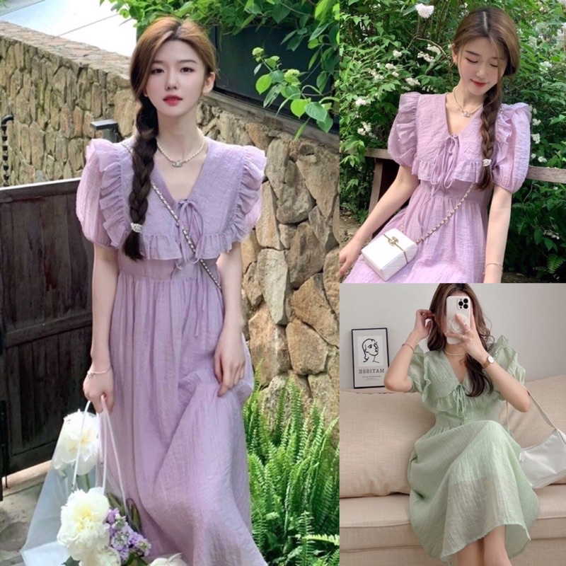 Váy bầu thời trang thiết kế dự tiệc cổ bèo kết hợp sau sinh
