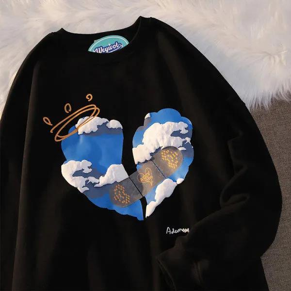 Áo sweater dài tay cổ tròn dáng rộng in họa tiết trái tim kiểu Hàn Quốc cho cặp đôi mùa thu