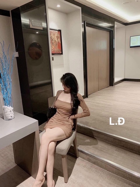 Đầm body nhún sườn tay lưới - Thun bozip