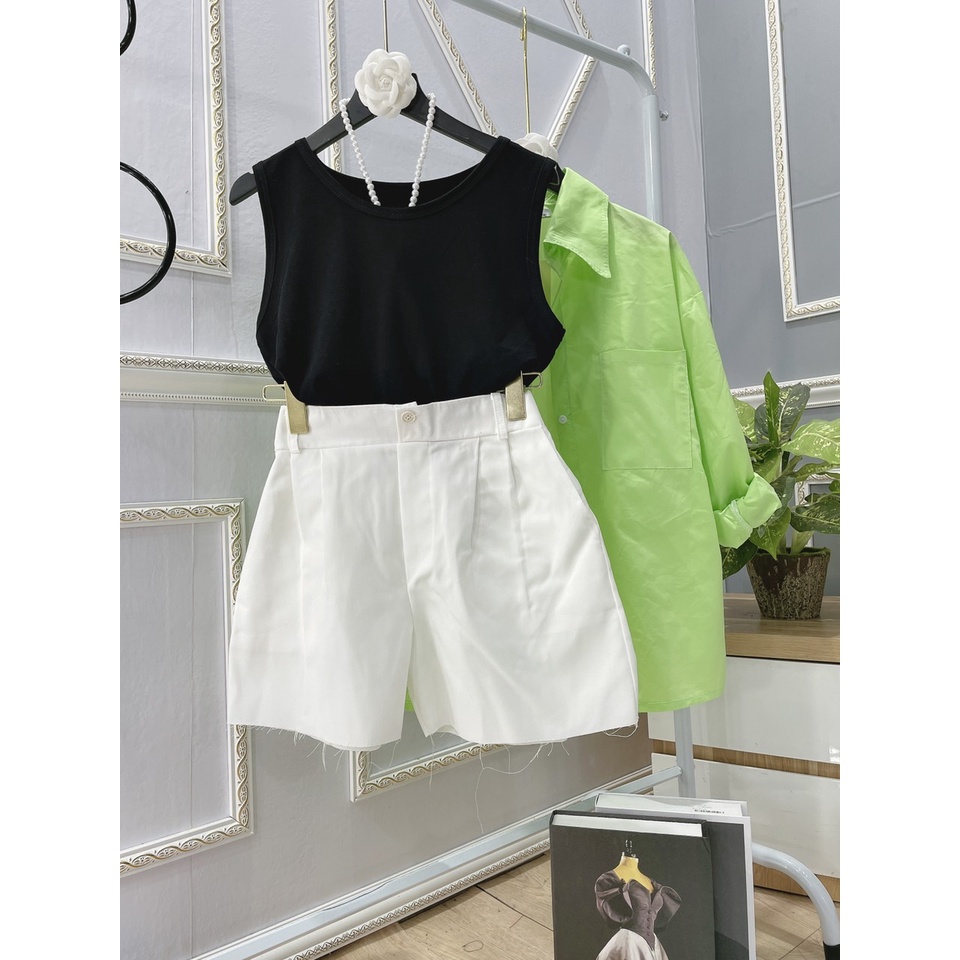 Set sơ mi xanh neon 3 món áo sơ mi form rộng quần short đùi kèm áo ba lỗ LD155