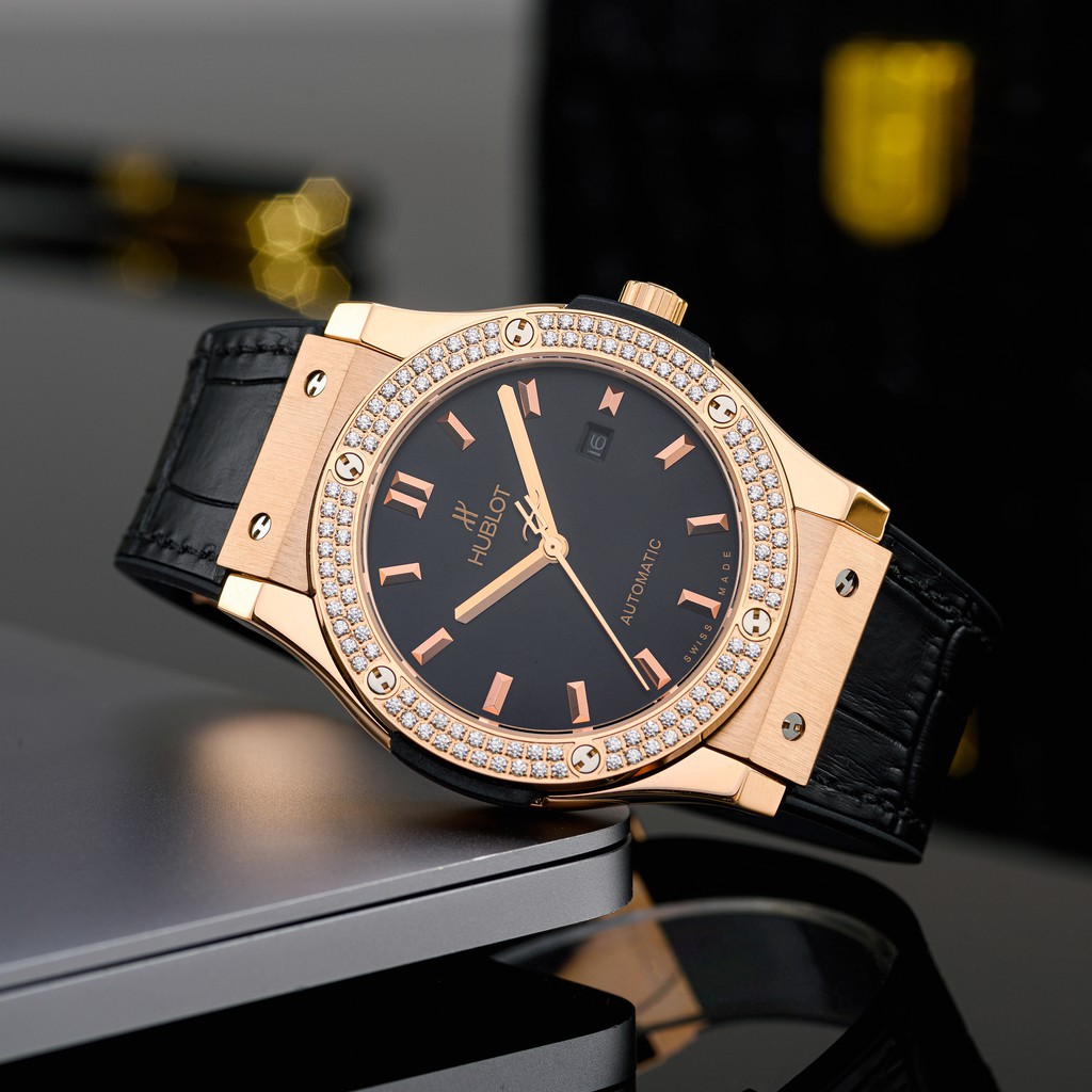 Đồng hồ nam Hublot máy cơ automatic mặt tròn đính viền đá chống nước cao cấp DH8803