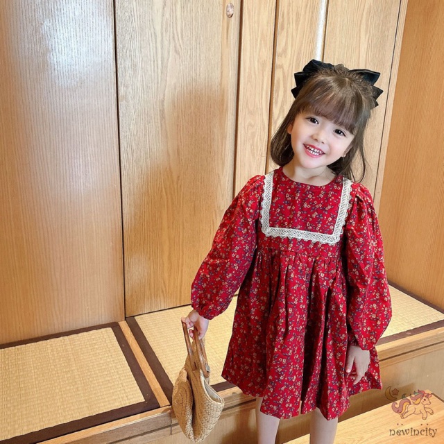 Đầm tay dài in họa tiết hoa phong cách retro Hàn Quốc xinh xắn thời trang cho nữ