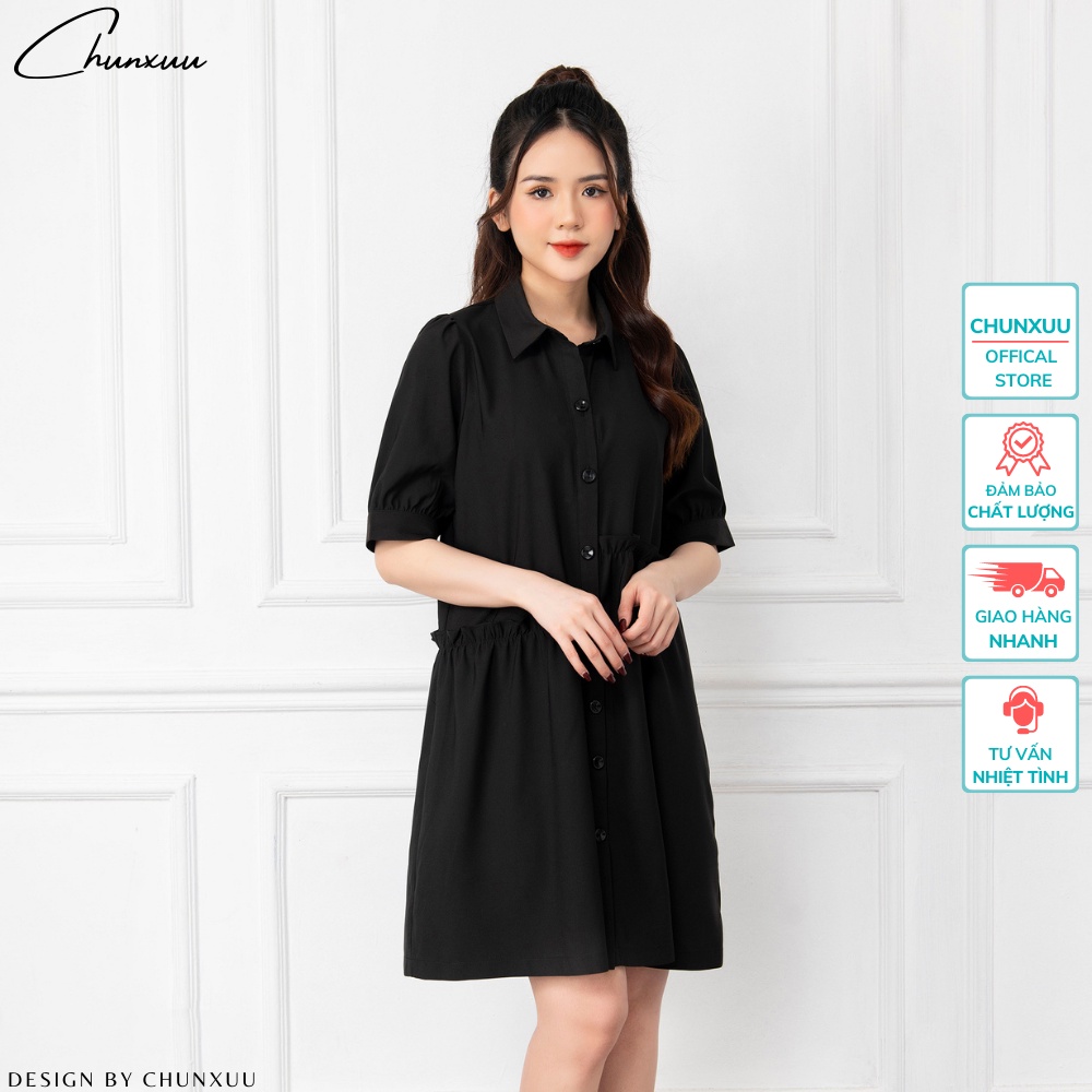 Váy babydoll cổ sơ mi dáng suông ngắn tay công sở thanh lịch ChunXuu V02