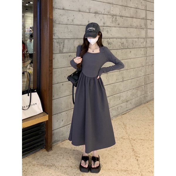 Đầm Dài Tay Cổ Vuông Thiết Kế Chiết Eo Nữ Tính