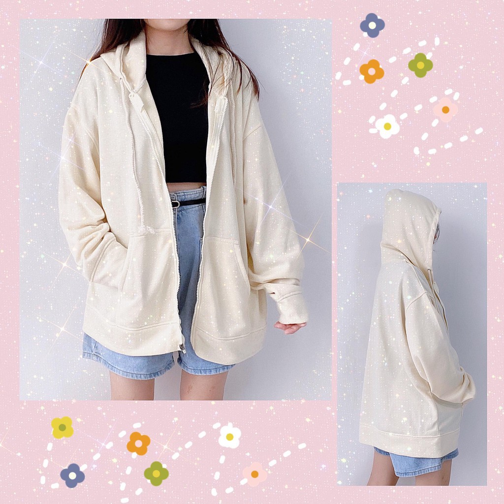 Áo Hoodie Dây Kéo Zip Màu Kem - Hoodie Zipper Kem Trơn