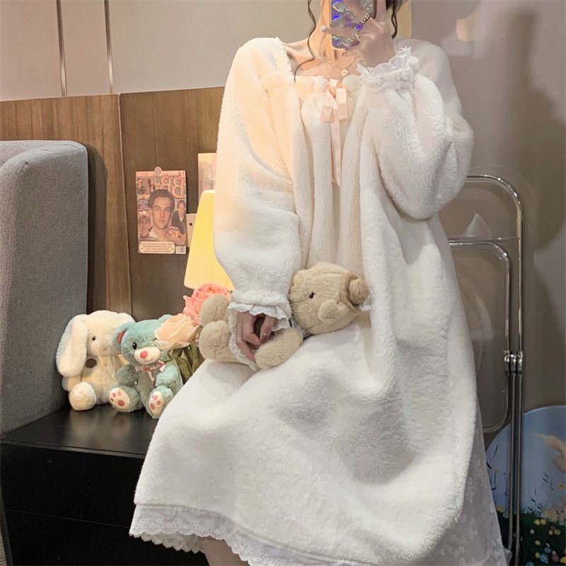 Bộ Đồ Ngủ Pijama Lông Thú Dày Dặn Kiểu Công Chúa Ngọt Ngào Mặc Ở Nhà Vào Mùa Thu Đông Cho Nữ