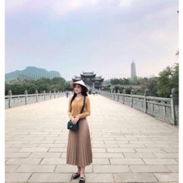 Chân váy midi Stradivarius xuất xịn vintage xô kate xếp ly màu nâu cát