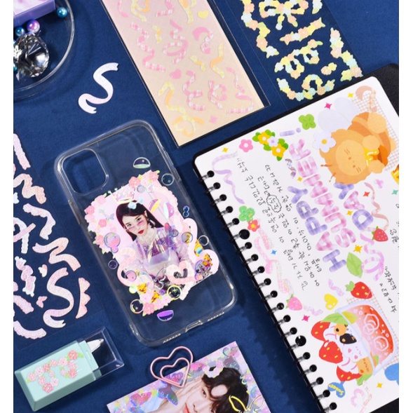 Sticker ribbon hoa holgoram trang trí sổ tay Kpop toploader | BST129