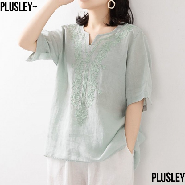 Áo Thun Cotton Lanh Tay Ngắn Cổ Chữ v Thêu Họa Tiết Thời Trang Mùa Hè Kiểu Mới Cho Nữ