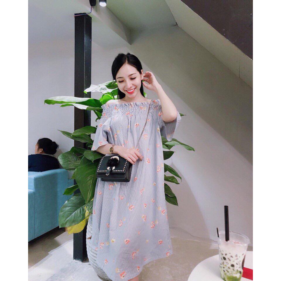 Đầm sọc trễ vai