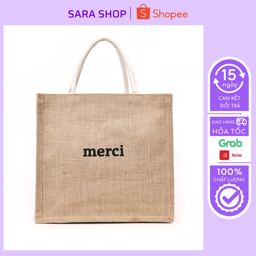 Túi cói đi biển Merci, túi  xách tote đeo vai phong cách Vintage du lịch thời trang có ngăn nhỏ có k
