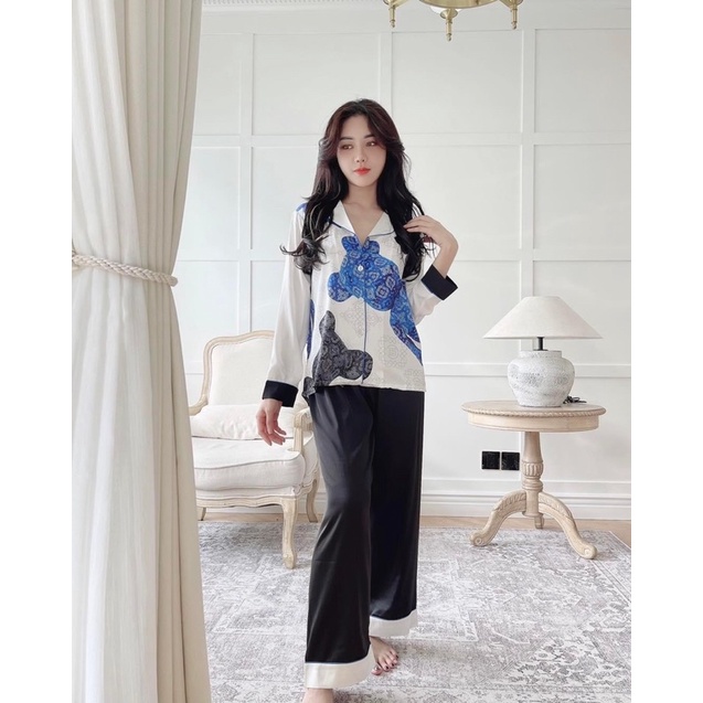 pijama lụa cao cấp Quảng Châu CLC tay dài lá đáy bình
