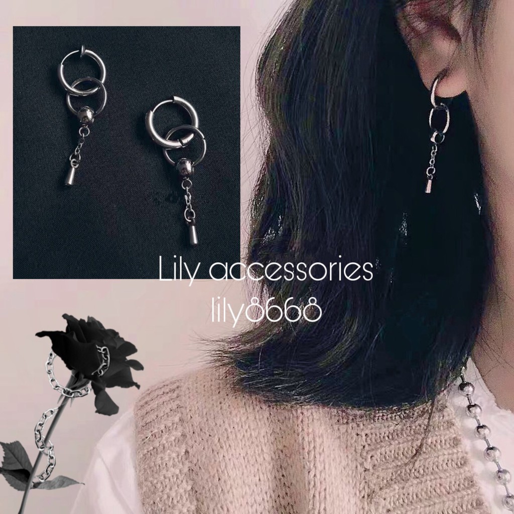 Double Hoop Chain Earring khuyên tai và kẹp tai titan vòng xích không gỉ không đen không dị ứng cho nam nữ