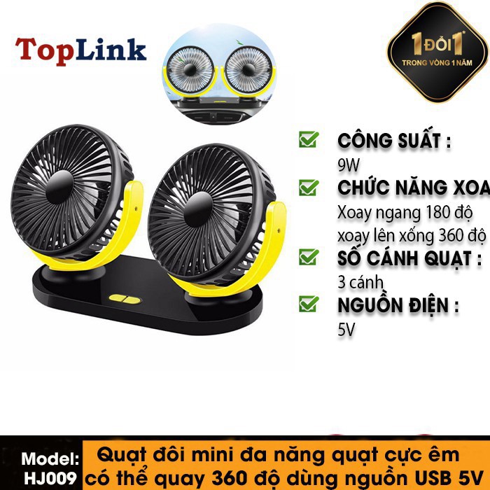 Quạt Đôi Mini Trên Xe Ô Tô, Để Bàn, Tại Nhà Tại Văn Phòng HJ009 Đa Năng Quay 360 Độ Dùng Cổng USB 5V - TopLink