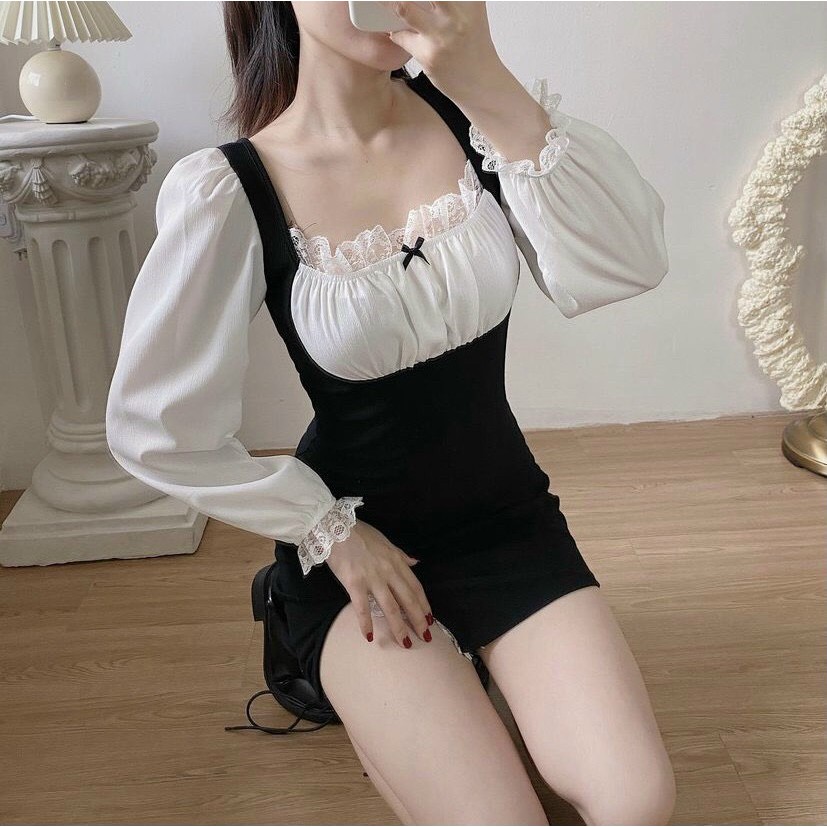 ĐẦM ĐEN PHỐI REN TRẮNG NGỰC VÀ CỔ TAY XẺ ĐÙI SANG CHẢNH - BUNNY DRESS