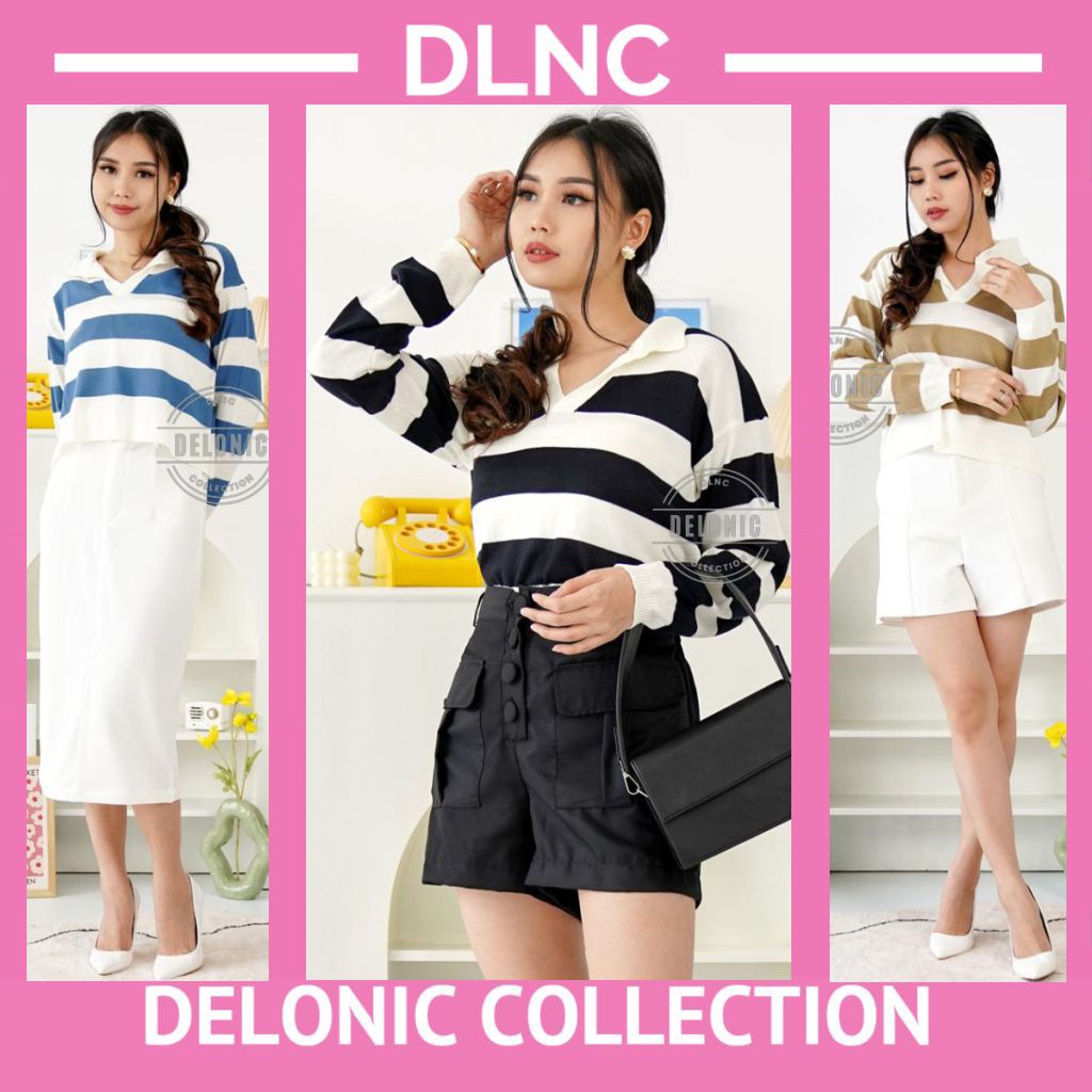 Áo Thun Polo Dệt Kim Kẻ Sọc Cổ Chữ V Thời Trang Cho Nữ | Công Sở Chính Thức | Bữa Tiệc Bình Thường | Thư Giãn Hàng Ngày Sọc Đan