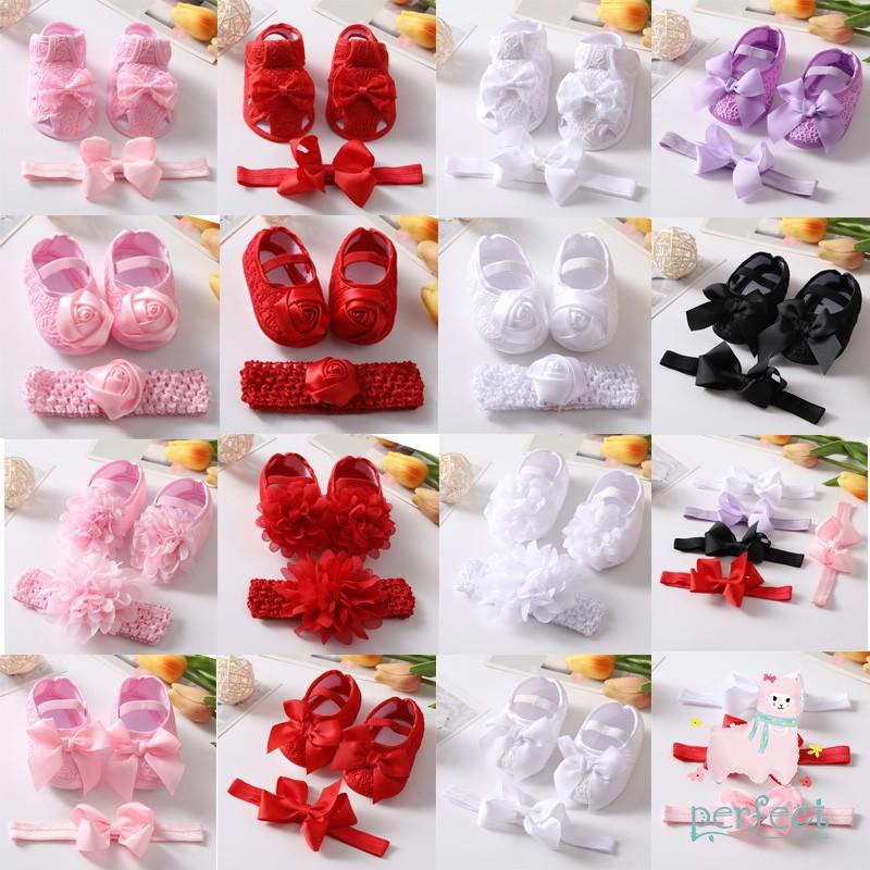 Set 2 Giày Tập Đi Vải Satin Đế Mềm Chống Trượt Đính Nơ Cho Bé Gái