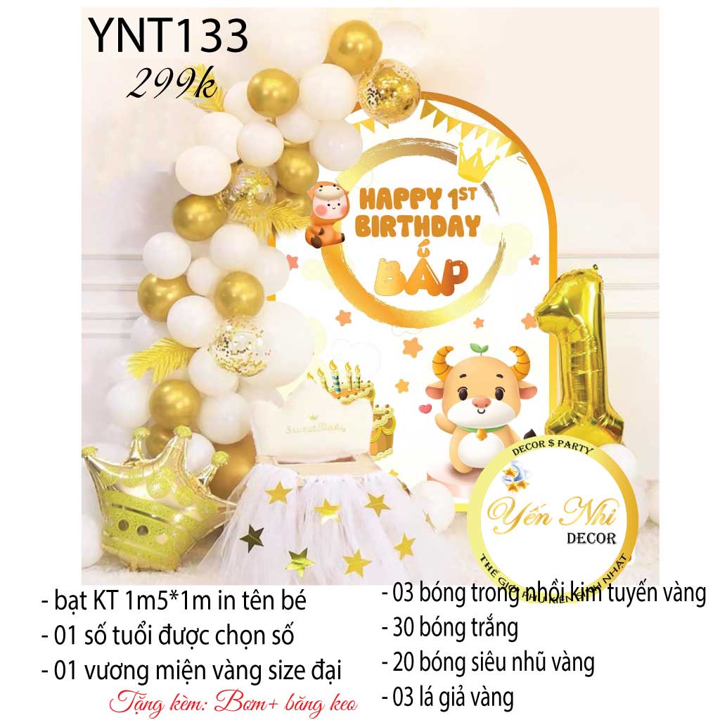 Sét trang trí sinh nhật tuổi trâu cho bé kèm bạt in tên bé, Yến Nhi Shop
