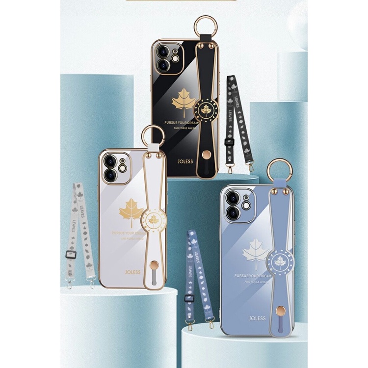 Ốp điện thoại vuông mạ điện hình lá phong có vòng tay cho Vivo V2101 V2108 V2050 V2109 V2022 V2023 V2025 V2024 V2026