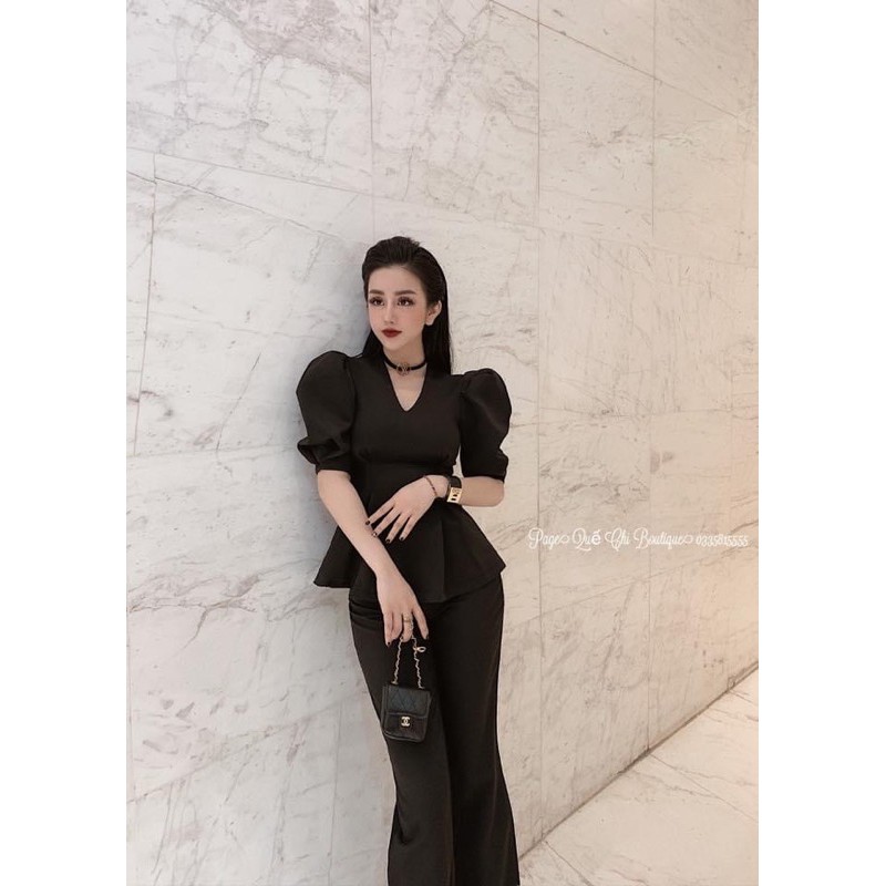 Set áo peplum tay phồng + quần loe sang chảnh