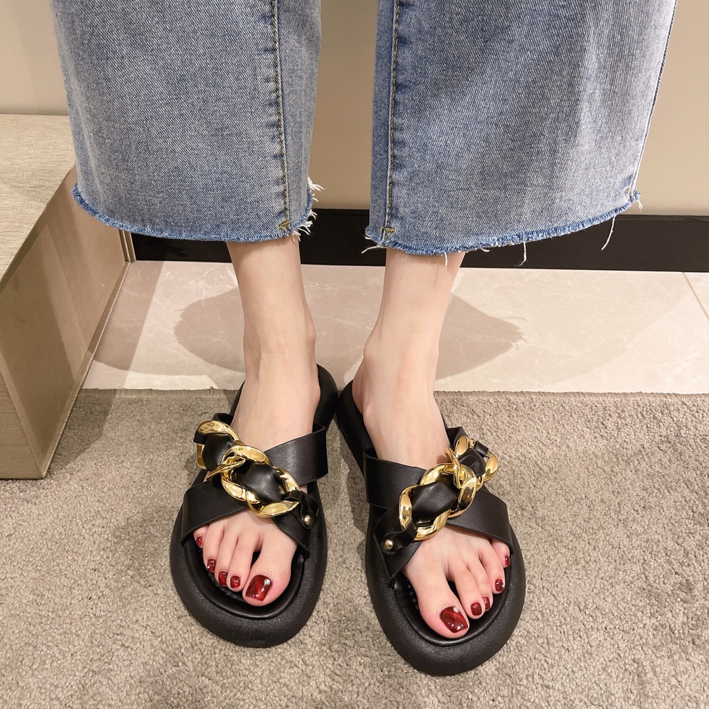 Dép Nữ Đế Bằng Quai Chéo Bằng Kim Loại Thời Trang 01111