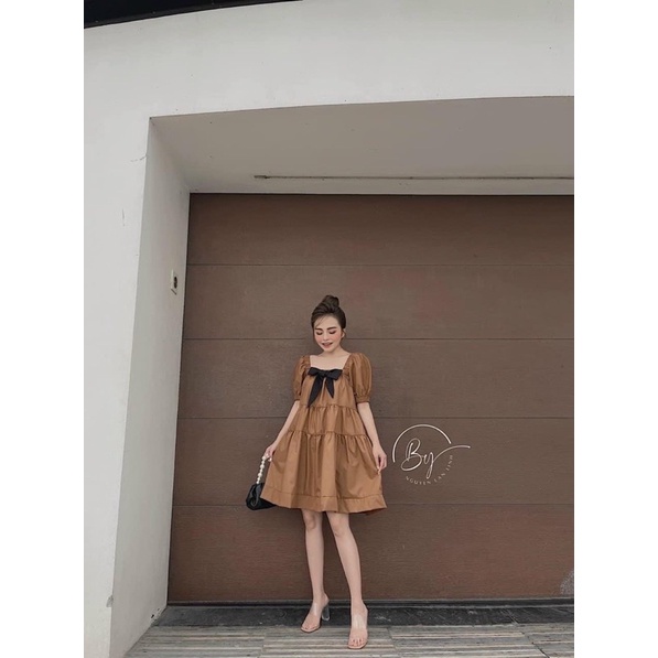 Đầm babydoll nữ -Váy trắng nữ xoè cổ vuông đính nơ chất thô mềm về đủ 2 màu