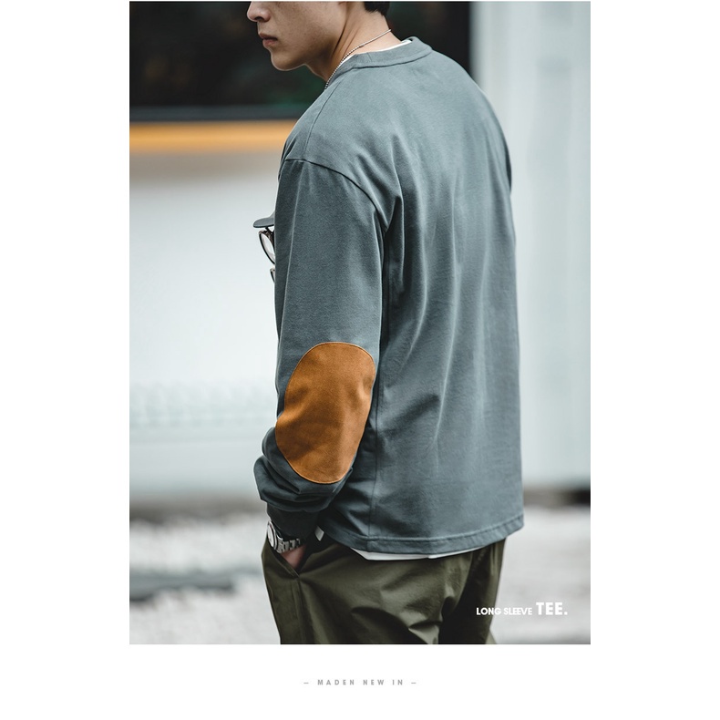 Áo thun sweater Maden tay dài cổ tròn bằng cotton thiết kế vá phong cách Nhật trẻ trung cổ điển cho nam