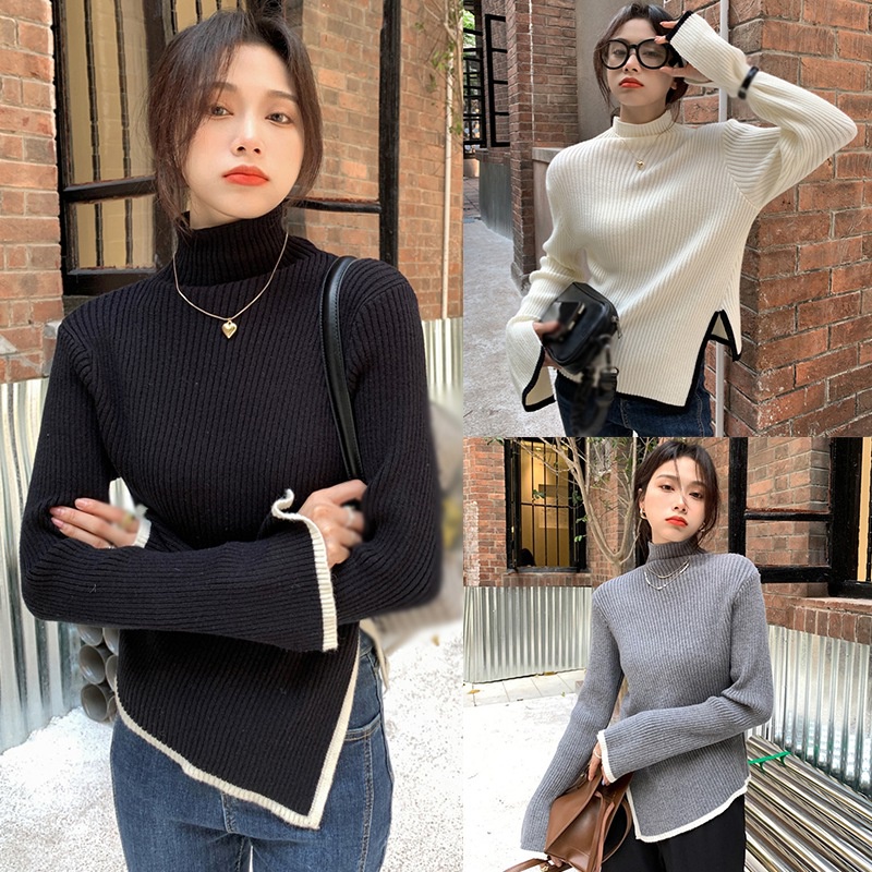 Áo Sweater Dệt Kim Cổ Lọ Tay Dài Dáng Ôm Thiết Kế Lệch Tà Thời Trang Quyến Rũ Cho Nữ