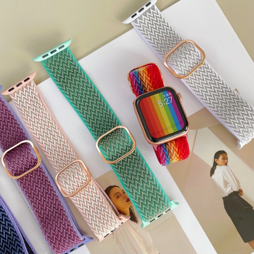 Dây đeo sợi nylon co giãn có thể điều chỉnh thích hợp cho đồng hồ thông minh Apple 44mm 40mm 38mm 42mm dòng 3 4 5 6 Se