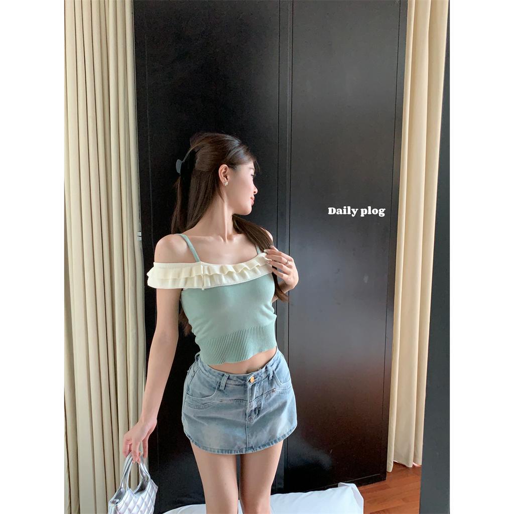 「 WELOVE1 」Áo Croptop Dệt Kim Trễ Vai Dáng Ôm Gợi Cảm Thời Trang Mùa Hè Dành Cho Bạn Nữ