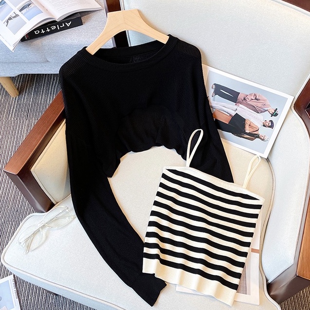 NUZIRO Bộ đồ  gồm áo dệt kim tay dài cổ tròn kẻ sọc và áo hai dây xinh xắn thời trang Hàn Quốc cho nữ (Có bán lẻ)