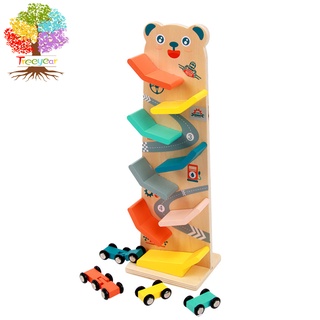 Treeyear Đồ chơi trẻ em mới biết đi bằng gỗ, đường đua nhiều màu kèm 4 xe mini