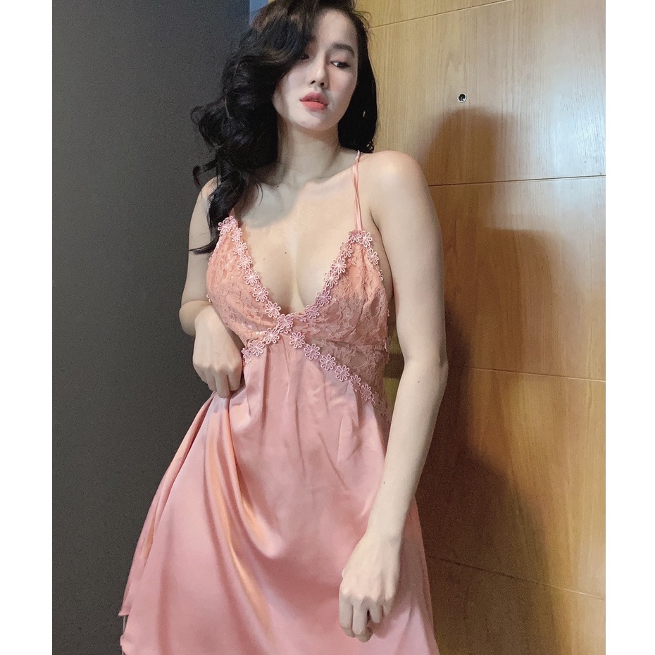 Đồ ngủ sexy / Đầm ngủ 2 dây chéo lưng phối ren siêu gợi cảm, chất liệu lụa satin cao cấp mịn mát, freesize dưới 65kg Sex | BigBuy360 - bigbuy360.vn