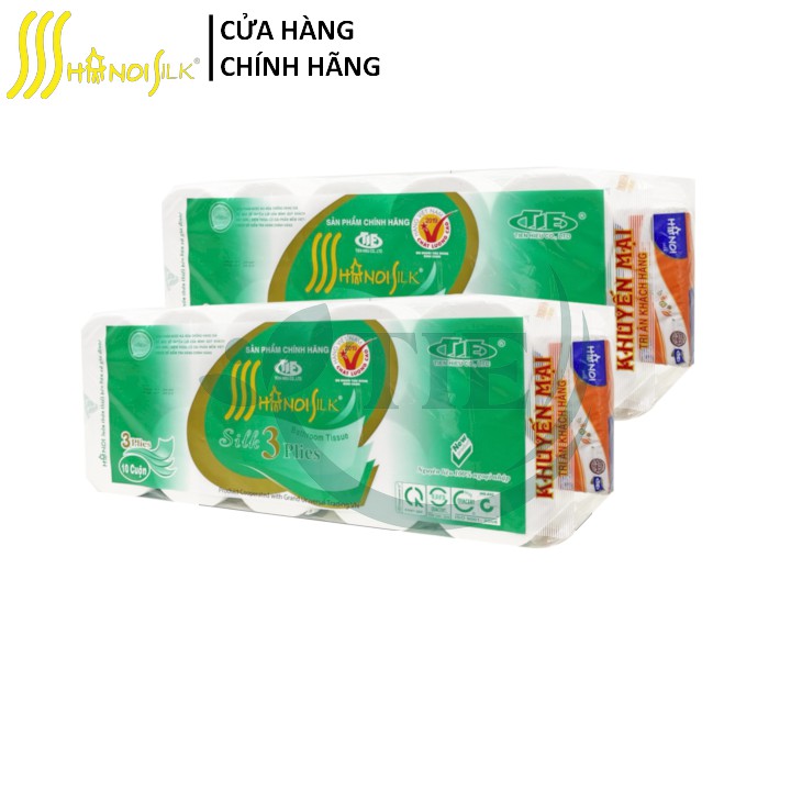 Combo 2 dây Giấy vệ sinh HÀ NỘI SILK 3 lớp Xanh Không Lõi Cao Cấp (Tặng Khăn giấy rút lụa Hà Nội 150 tờ)