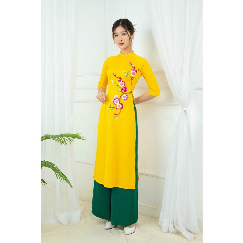 ÁO DÀI LỤA TÂY THI THÊU HOA ĐÀO, ÁO DÀI CÁCH TÂN ĐẸP