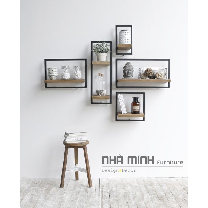 Bộ kệ 5 khung sắt mặt gỗ treo tường