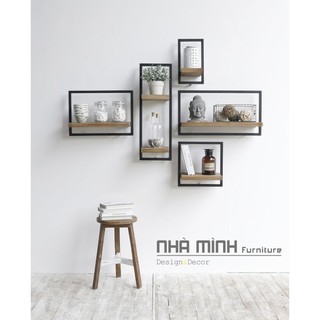 Bộ kệ 5 khung sắt mặt gỗ treo tường