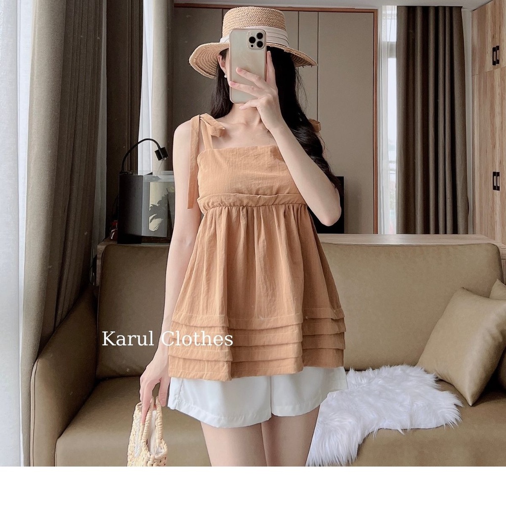 Set áo hai dây buộc nơ xốp trơn 4 màu cùng quần short trắng ngây thơ